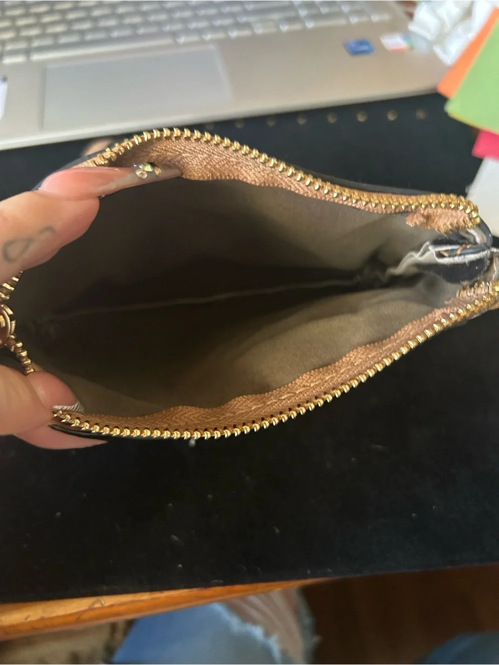 FASHION-Beige Monogram Wristlet Pouch